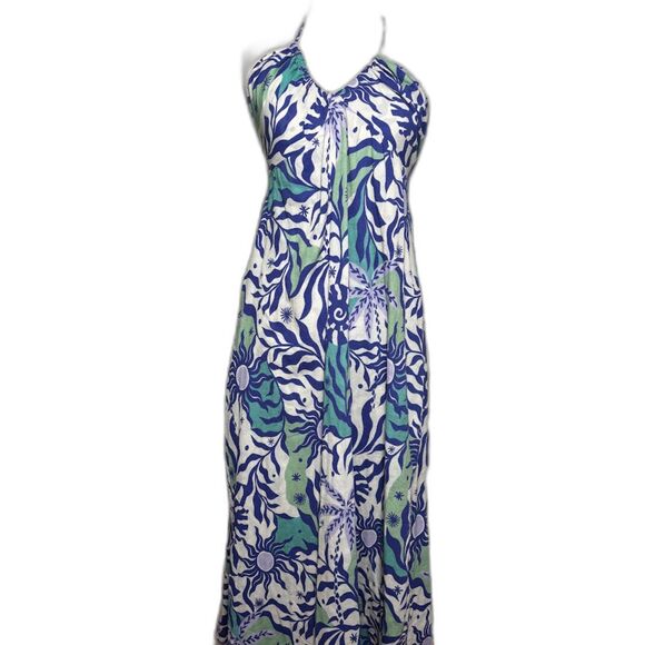 Xirena Maggie Dress Sz XS Blue White Cotton Maxi Maximalist Artsy Boho abstract - Picture 2 of 6